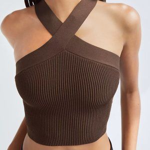 Babaton Sculpt Knit Criss Cross Cropped Tank - Mocha Brown